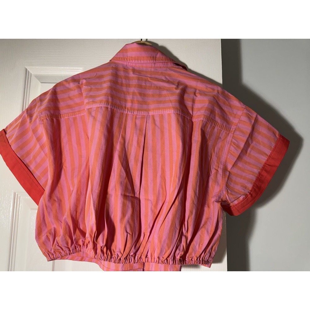 Anthropologie Maeve Monogram Cropped Shirt Sz S Crest Striped Button Up PJ Top - Picture 8 of 12